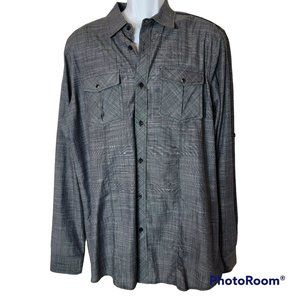 Signature Studio Men's XL Gray/Black Check Button Down w/Roll Tab Sleeve EUC